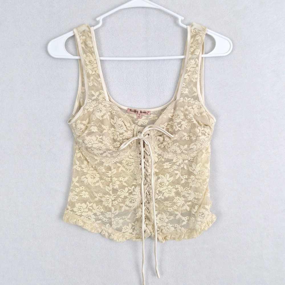 Cream Floral Lace Corset Top Lace Up Front Sz Medium Boho Fairy Whimsy Romantic